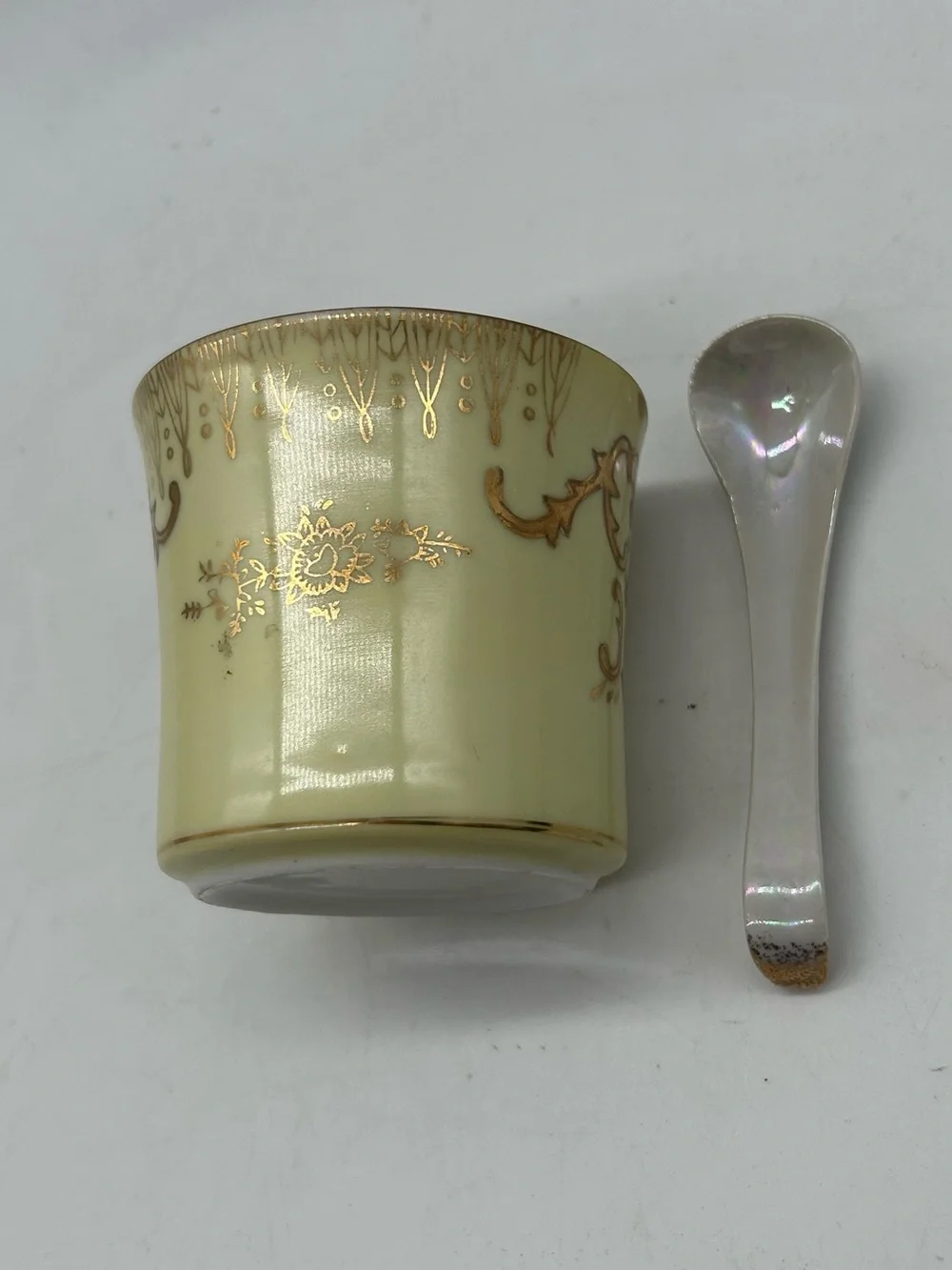 Vintage Ceramic Condiment Jar With Spoon Iridescent Pale Green